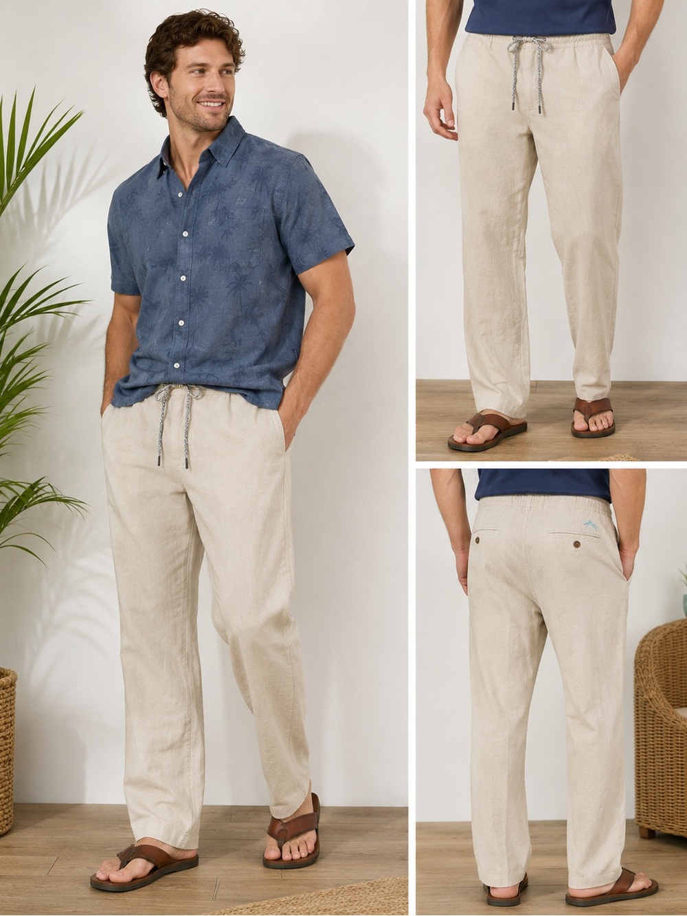 Tommy Bahama Men's Linen Blend Drawstring Stretch Pants Khaki Straight Leg